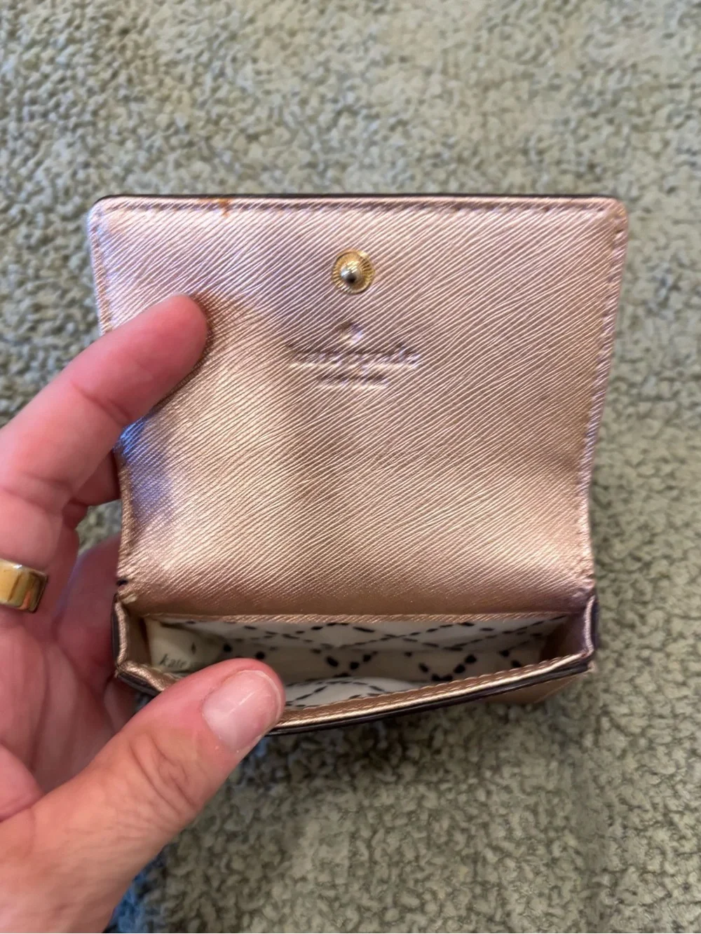 kate spade metallic rose gold compact trifold snap card wallet